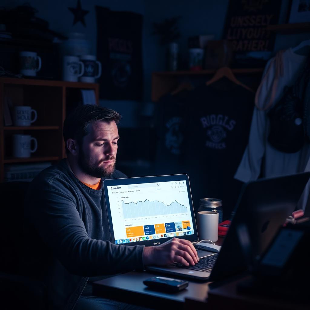 Empresário de personalização preocupado vendo gráfico cair no marketplace